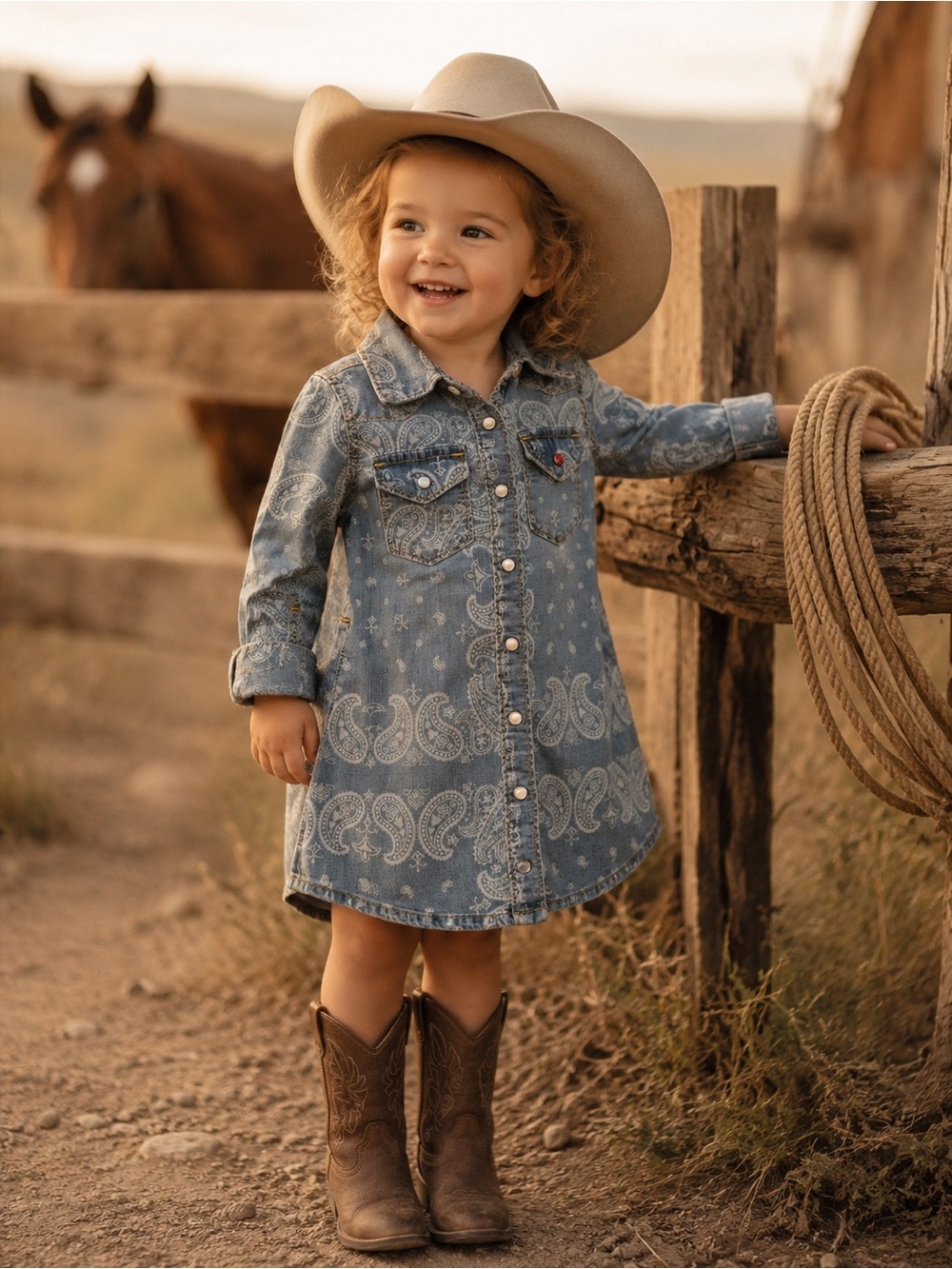 Little Cowgirl Paisley Denim Dress – Western Ranch Style